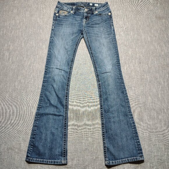 Miss Me Jeans Womens Size 26 Blue Mid Rise Boot Cut Embellished Flap Stud Denim - Picture 2 of 15